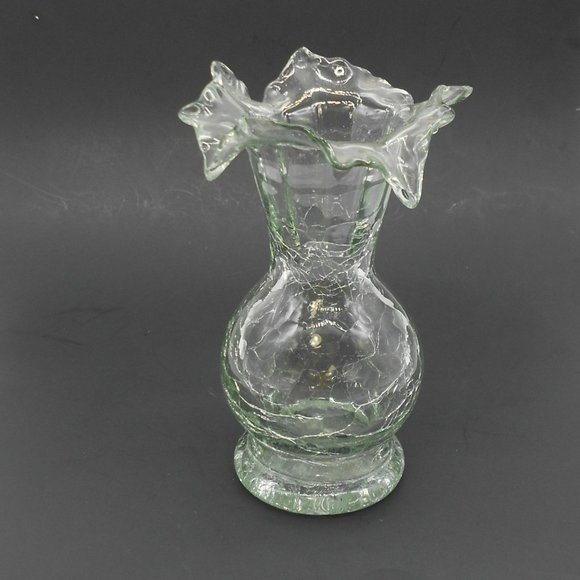Vintage Smith"s Old Timer Clear Crackle Vase Ozark Art Glass 6.75" Ruffle Top Si - Picture 5 of 7